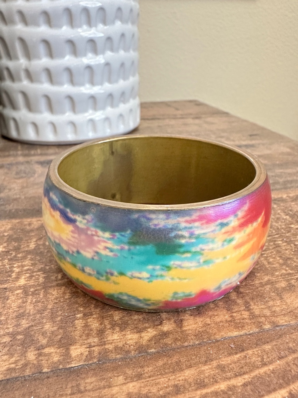 Vintage Boho Abstract Design Monet Style Chunky Enamel Brass Bangle